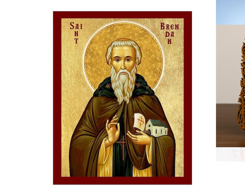 Εικόνα Ορθοδοξίας Δαντέλα μαζι με  Βάση σε  8 χρώματα με περίγραμμα χρυσό σε ξύλο Plywood (Πλακάζ)   με  βάση Εικόνα Αγίου Μπρένταν του Πλοηγού, Χειροποίητη Χριστιανική Εικόνα του Αγίου Μπρένταν, Πλακέτα Βυζαντινής Τέχνης, Χριστιανική Θρησκευτική Τέχνη Δι