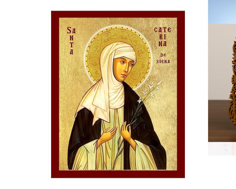 Εικόνα Ορθοδοξίας Δαντέλα μαζι με  Βάση σε  8 χρώματα με περίγραμμα χρυσό σε ξύλο Plywood (Πλακάζ)   με  βάση Εικόνα Αγίας Αικατερίνης της Σιένα, Χειροποίητη Χριστιανική Εικόνα της Αγίας Αικατερίνης, Πλακέτα Βυζαντινής Τέχνης, Χριστιανική Θρησκευτική Τέχν
