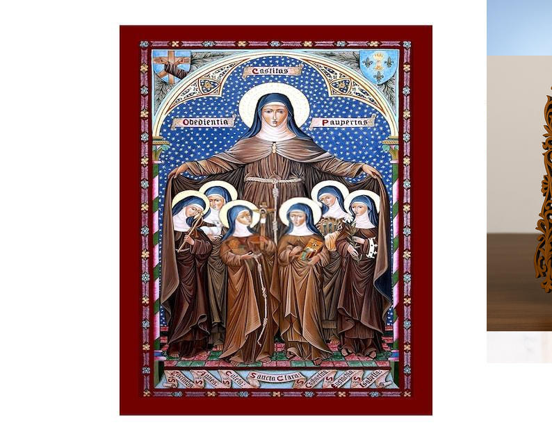 Εικόνα Ορθοδοξίας Δαντέλα μαζι με  Βάση σε  8 χρώματα με περίγραμμα χρυσό σε ξύλο Plywood (Πλακάζ)   με  βάση Εικόνα Saint Clare of Assisi, Χειροποίητη Θρησκευτική Εικόνα Saint Clare of Assisi, Επιτοίχια Βυζαντινή Τέχνη, Χριστιανική Θρησκευτική Τέχνη Διάσ
