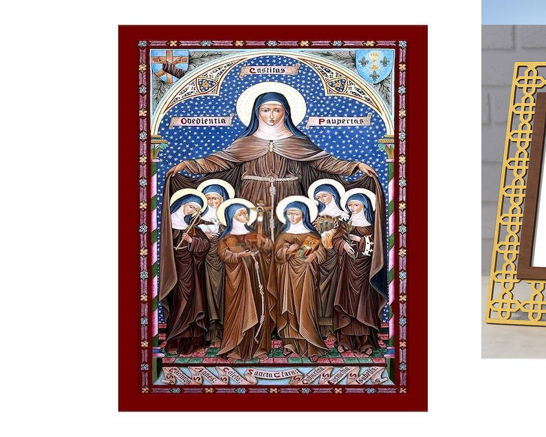 Εικόνα Ορθοδοξίας Πολυτελείας  με  σχεδιο Σταυρούς μαζι με  Βάση σε  8 χρώματα με περίγραμμα χρυσό σε ξύλο Plywood (Πλακάζ)   με  βάση Εικόνα Saint Clare of Assisi, Χειροποίητη Θρησκευτική Εικόνα Saint Clare of Assisi, Επιτοίχια Βυζαντινή Τέχνη, Χριστιανι