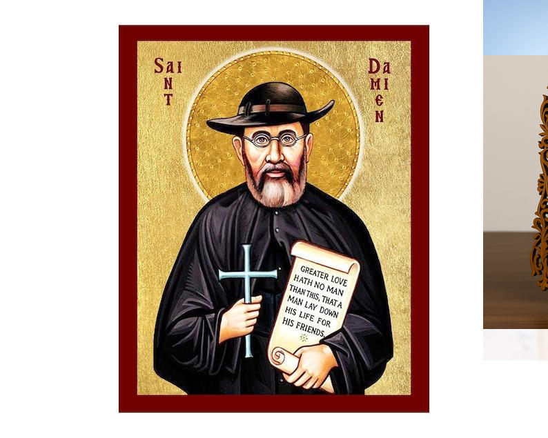 Εικόνα Ορθοδοξίας Δαντέλα μαζι με  Βάση σε  8 χρώματα με περίγραμμα χρυσό σε ξύλο Plywood (Πλακάζ)   με  βάση Εικόνα Saint Damien of Molokai, Χειροποίητη Θρησκευτική Εικόνα Saint Damien, Κρεμαστή πλάκα Βυζαντινής Τέχνης, Χριστιανική Θρησκευτική Τέχνη Διάσ