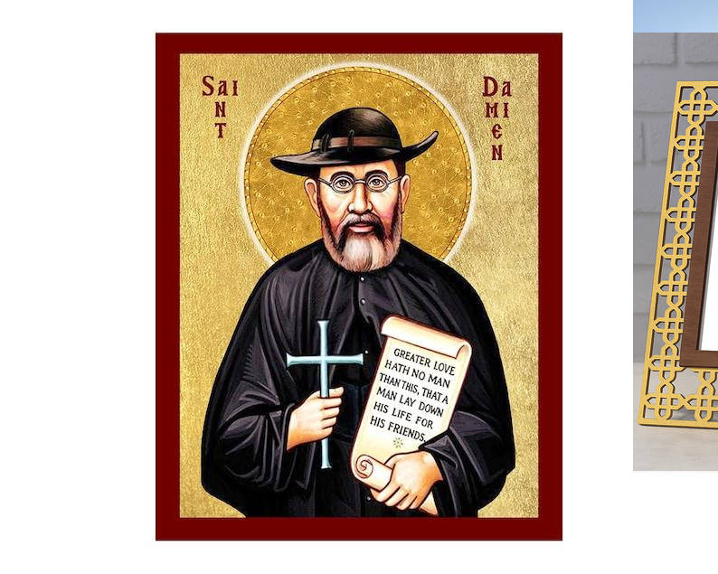 Εικόνα Ορθοδοξίας Πολυτελείας  με  σχεδιο Σταυρούς μαζι με  Βάση σε  8 χρώματα με περίγραμμα χρυσό σε ξύλο Plywood (Πλακάζ)   με  βάση Εικόνα Saint Damien of Molokai, Χειροποίητη Θρησκευτική Εικόνα Saint Damien, Κρεμαστή πλάκα Βυζαντινής Τέχνης, Χριστιανι