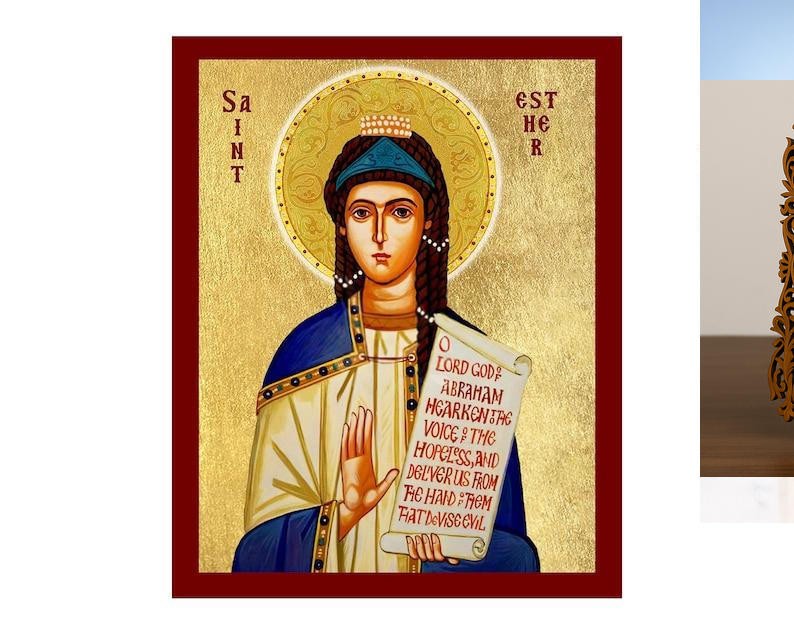 Εικόνα Ορθοδοξίας Δαντέλα μαζι με  Βάση σε  8 χρώματα με περίγραμμα χρυσό σε ξύλο Plywood (Πλακάζ)   με  βάση Εικόνα Αγίας Εσθήρ η Δίκαιη, Χειροποίητη Χριστιανική Εικόνα της Αγίας Εσθήρ, Πλακέτα Βυζαντινής Τέχνης, Χριστιανική Θρησκευτική Τέχνη Διάσταση 10