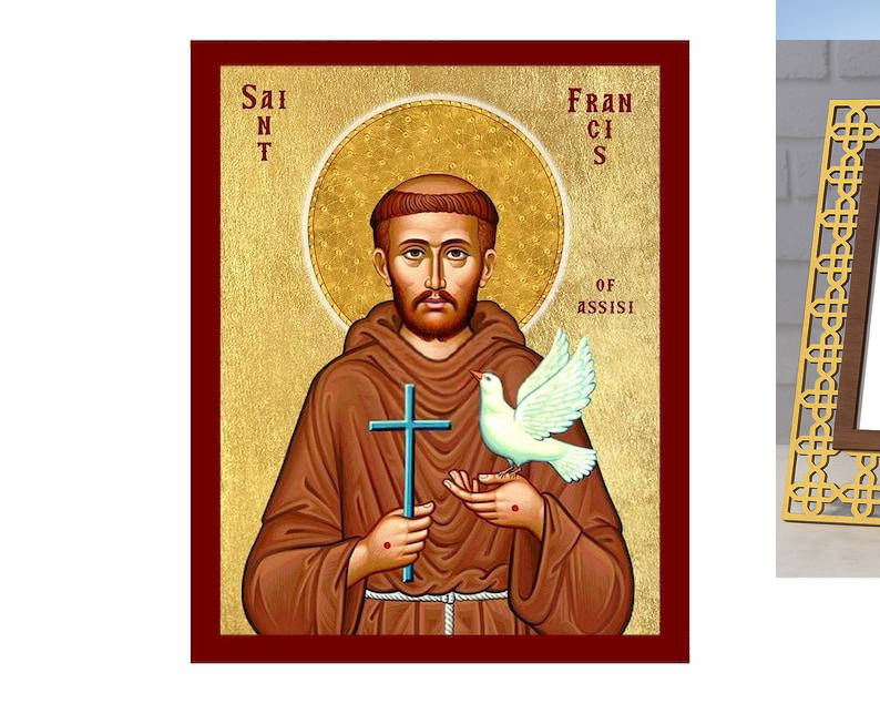 Εικόνα Ορθοδοξίας Πολυτελείας  με  σχεδιο Σταυρούς μαζι με  Βάση σε  8 χρώματα με περίγραμμα χρυσό σε ξύλο Plywood (Πλακάζ)   με  βάση Εικόνα Αγίου Φραγκίσκου της Ασίζης, Χειροποίητη Χριστιανική Εικόνα Αγίου Φραγκίσκου της Ασίζης, Κρεμαστή πλάκα Βυζαντινή