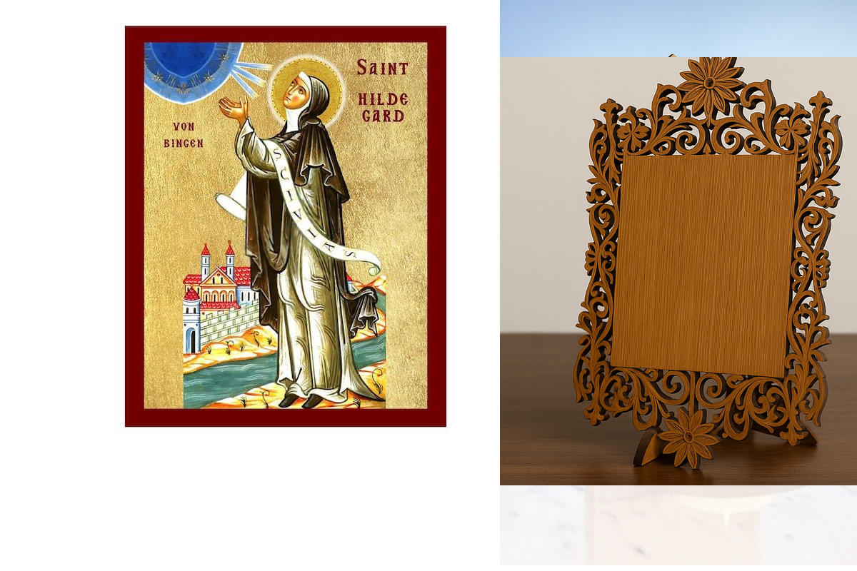 Εικόνα Ορθοδοξίας Δαντέλα μαζι με  Βάση σε  8 χρώματα με περίγραμμα χρυσό σε ξύλο Plywood (Πλακάζ)   με  βάση Εικόνα Αγίας Χίλντεγκαρντ του Μπίνγκεν, Χειροποίητη Θρησκευτική Εικόνα Αγίας Χίλντεγκαρντ, Κρεμαστή πλάκα Βυζαντινής Τέχνης, Χριστιανική Θρησκευτ