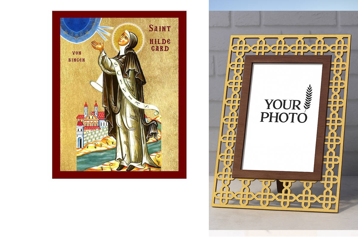 Σετ 2 τεμαχίων – Εικόνα Ορθοδοξίας Πολυτελείας  με  σχεδιο Σταυρούς μαζι με  Βάση σε  8 χρώματα με περίγραμμα χρυσό σε ξύλο Plywood (Πλακάζ)   με  βάση Εικόνα Αγίας Χίλντεγκαρντ του Μπίνγκεν, Χειροποίητη Θρησκευτική Εικόνα Αγίας Χίλντεγκαρντ, Κρεμαστή πλά