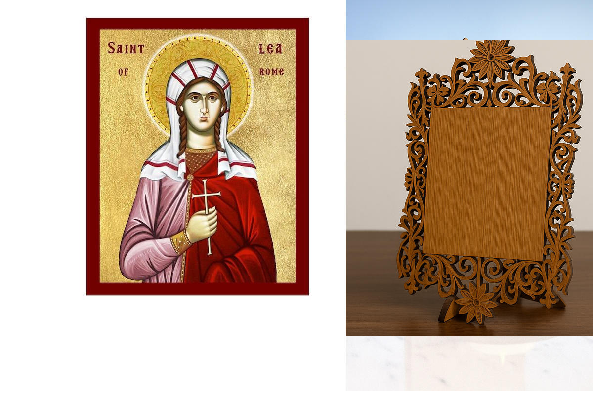 Σετ 2 τεμαχίων – Εικόνα Ορθοδοξίας Δαντέλα μαζι με  Βάση σε  8 χρώματα με περίγραμμα χρυσό σε ξύλο Plywood (Πλακάζ)   με  βάση Εικόνα Αγίας Λίας της Ρώμης, Χειροποίητη Θρησκευτική Εικόνα Αγίας Λίας της Ρώμης, Πλακέτα Βυζαντινής Τέχνης, Χριστιανική Θρησκευ