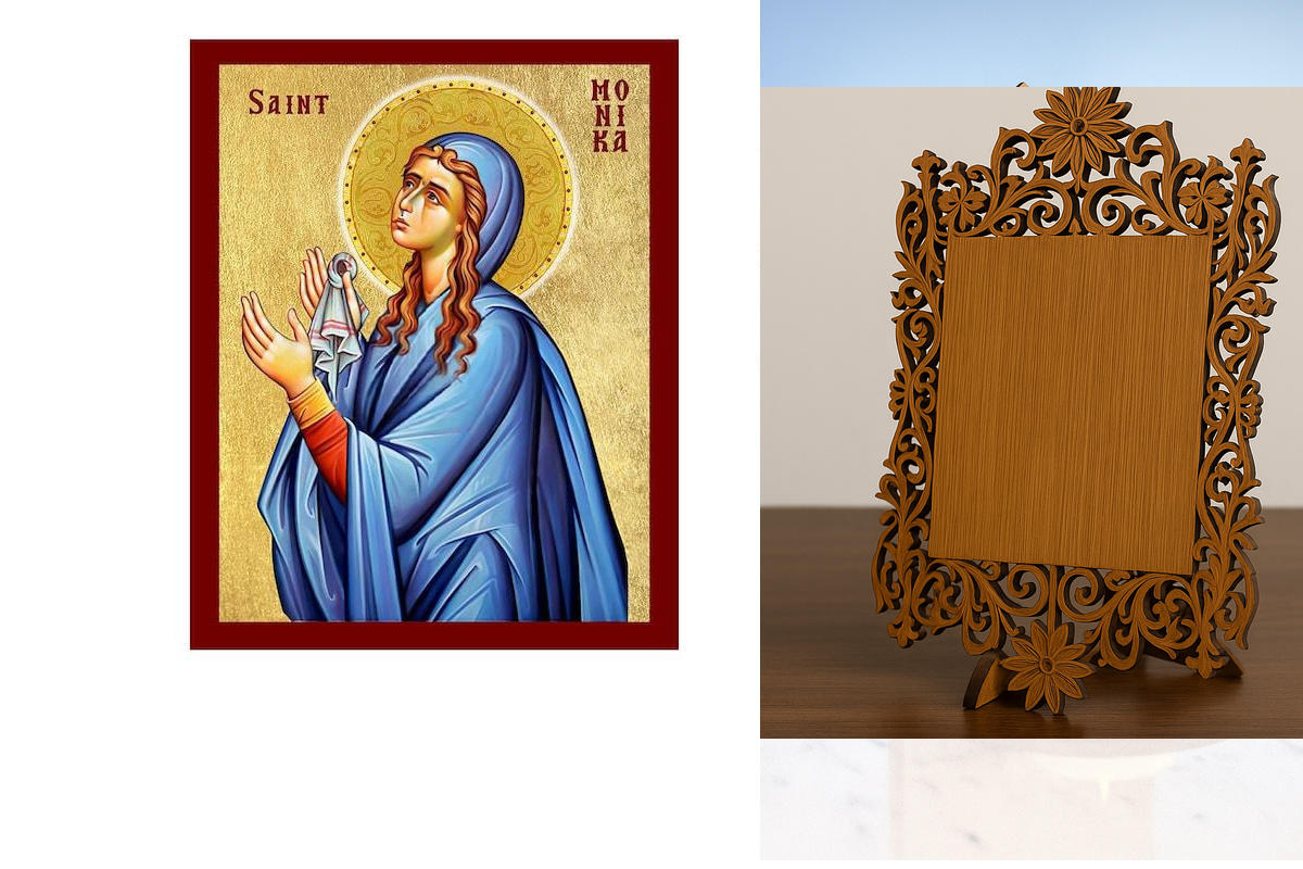 Εικόνα Ορθοδοξίας Δαντέλα μαζι με  Βάση σε  8 χρώματα με περίγραμμα χρυσό σε ξύλο Plywood (Πλακάζ)   με  βάση Εικόνα Αγίας Μόνικας, Χειροποίητη Θρησκευτική Εικόνα Αγίας Μόνικας, Κρεμαστή πλάκα Βυζαντινής Τέχνης, Χριστιανική Θρησκευτική Τέχνη Διάσταση 45x3