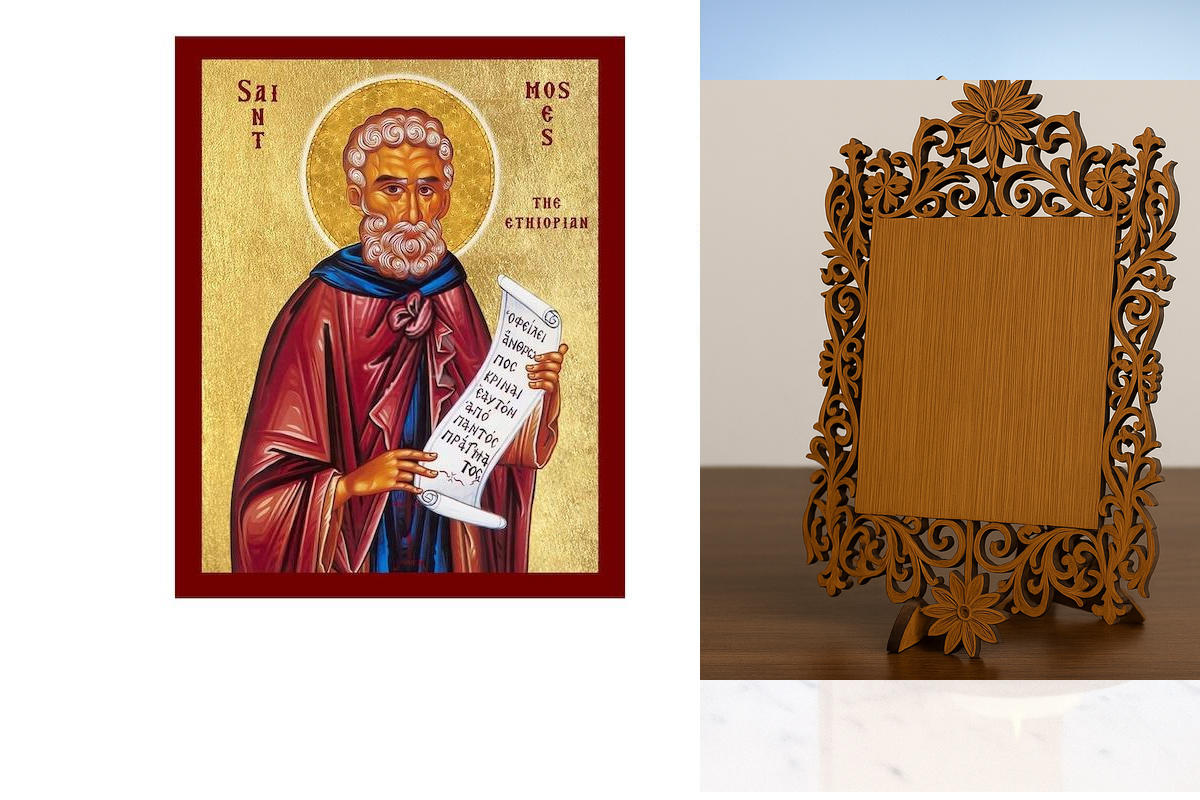 Σετ 2 τεμαχίων – Εικόνα Ορθοδοξίας Δαντέλα μαζι με  Βάση σε  8 χρώματα με περίγραμμα χρυσό σε ξύλο Plywood (Πλακάζ)   με  βάση Άγιος Μωυσής ο Αιθίοπας Εικόνα, Χειροποίητη Θρησκευτική Εικόνα του Αγίου Μωυσή, Κρεμαστή πλάκα Βυζαντινής Τέχνης, Χριστιανική Θρ