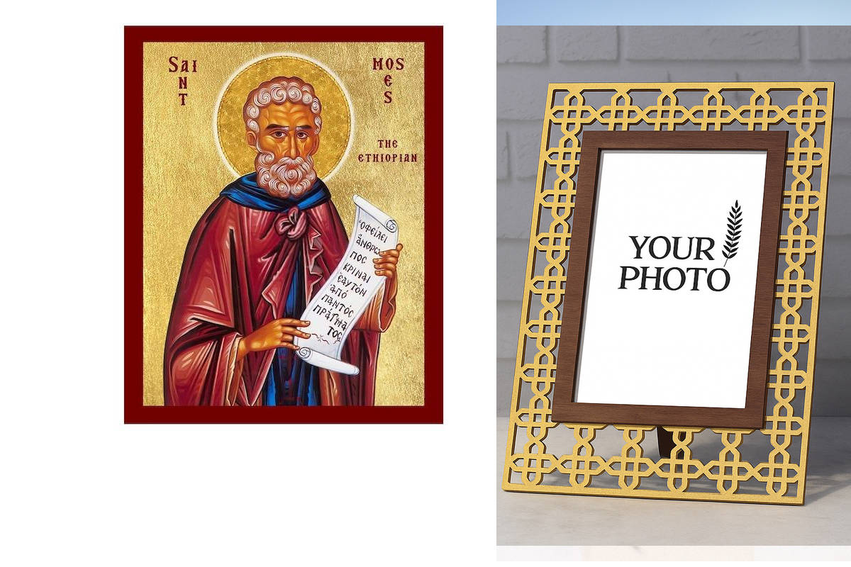 Εικόνα Ορθοδοξίας Πολυτελείας  με  σχεδιο Σταυρούς μαζι με  Βάση σε  8 χρώματα με περίγραμμα χρυσό σε ξύλο Plywood (Πλακάζ)   με  βάση Άγιος Μωυσής ο Αιθίοπας Εικόνα, Χειροποίητη Θρησκευτική Εικόνα του Αγίου Μωυσή, Κρεμαστή πλάκα Βυζαντινής Τέχνης, Χριστι