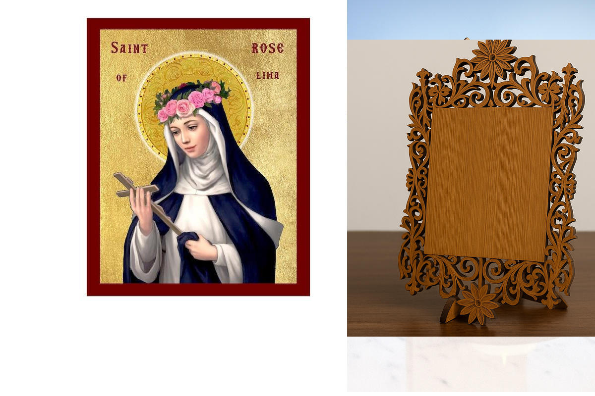 Εικόνα Ορθοδοξίας Δαντέλα μαζι με  Βάση σε  8 χρώματα με περίγραμμα χρυσό σε ξύλο Plywood (Πλακάζ)   με  βάση Εικόνα Αγίου Ρόδου της Λίμα, Χειροποίητη Καθολική Εικόνα Αγίου Ρόδου της Λίμα, Πλακέτα Βυζαντινής Τέχνης, Χριστιανική Θρησκευτική Τέχνη Διάσταση