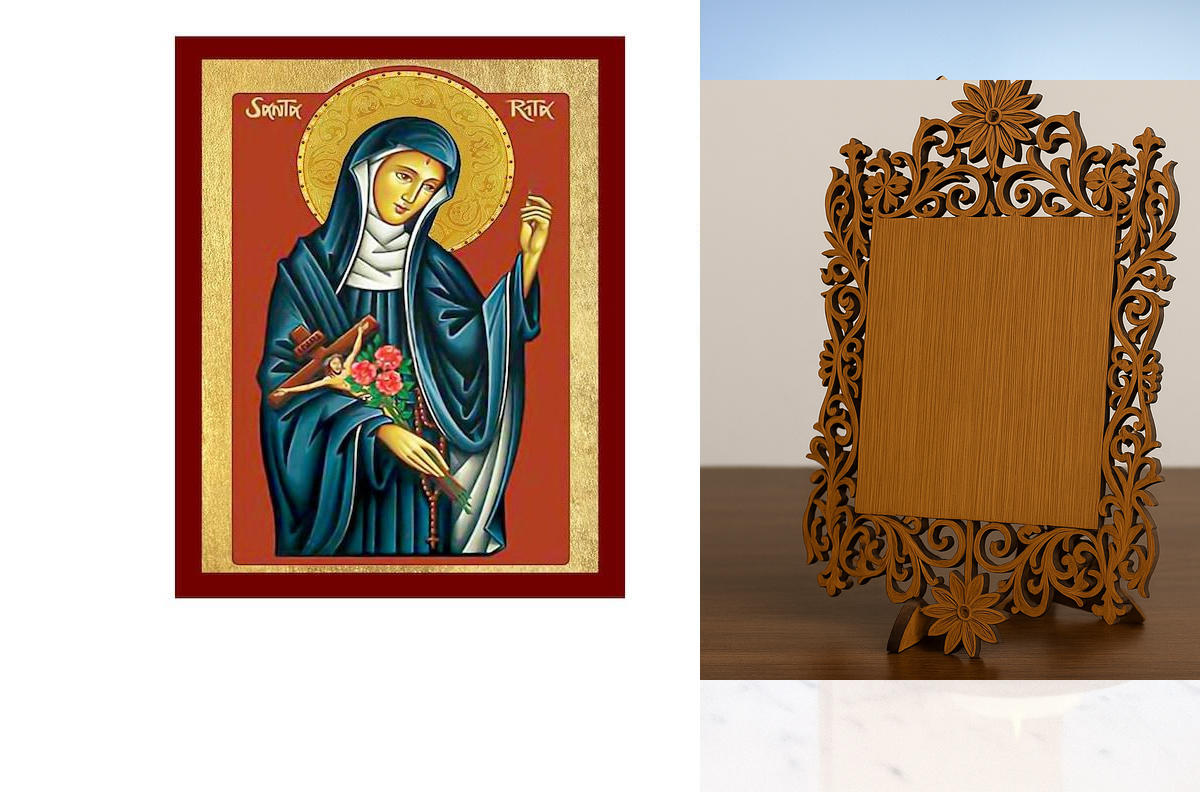 Σετ 2 τεμαχίων – Εικόνα Ορθοδοξίας Δαντέλα μαζι με  Βάση σε  8 χρώματα με περίγραμμα χρυσό σε ξύλο Plywood (Πλακάζ)   με  βάση Εικόνα Santa Rita, Χειροποίητη Καθολική Εικόνα της Santa Rita, Κρεμαστή πλάκα Βυζαντινής Τέχνης, Χριστιανική Θρησκευτική Τέχνη Δ