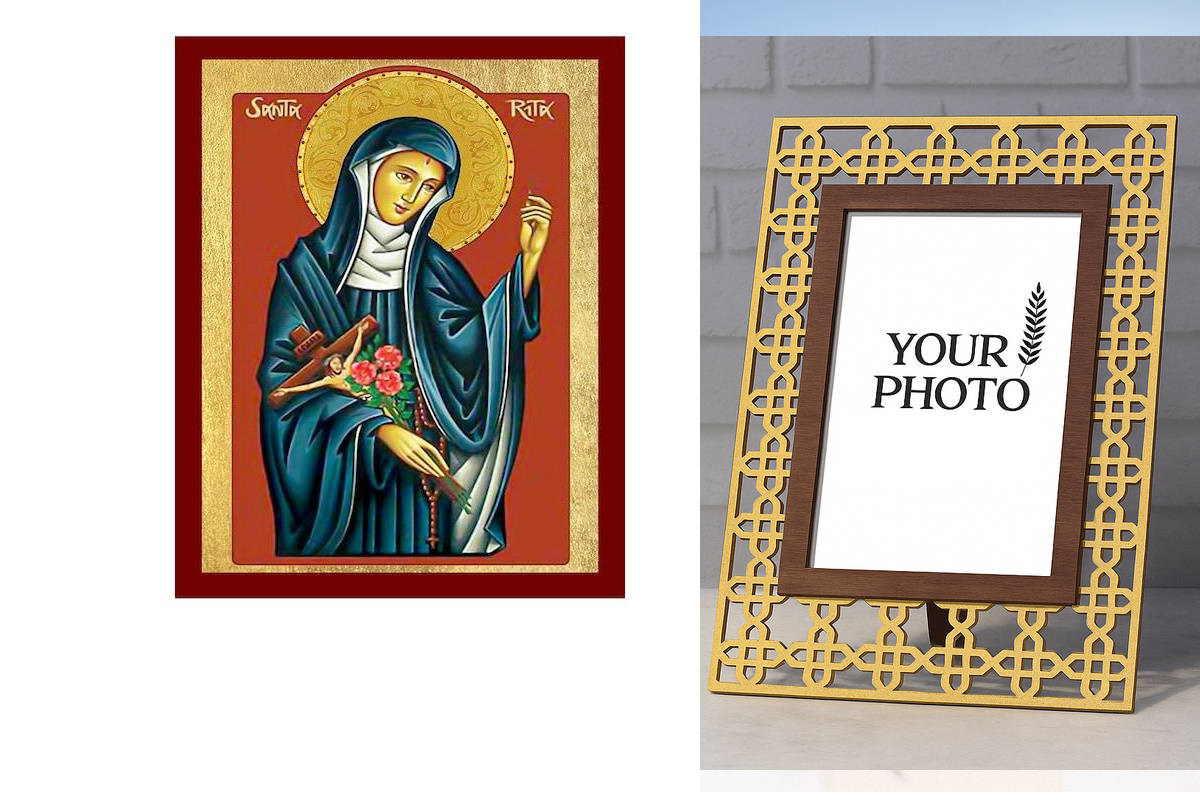 Σετ 2 τεμαχίων – Εικόνα Ορθοδοξίας Πολυτελείας  με  σχεδιο Σταυρούς μαζι με  Βάση σε  8 χρώματα με περίγραμμα χρυσό σε ξύλο Plywood (Πλακάζ)   με  βάση Εικόνα Santa Rita, Χειροποίητη Καθολική Εικόνα της Santa Rita, Κρεμαστή πλάκα Βυζαντινής Τέχνης, Χριστι