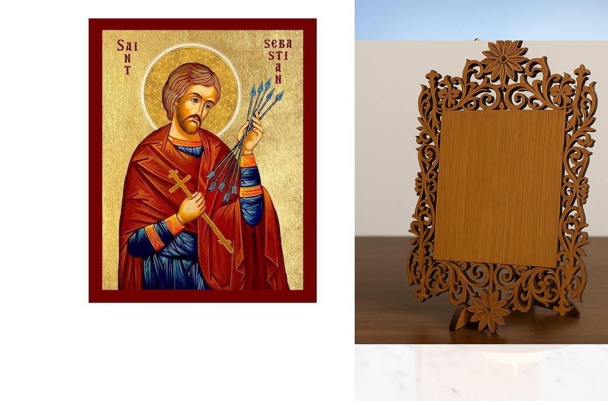 Εικόνα Ορθοδοξίας Δαντέλα μαζι με  Βάση σε  8 χρώματα με περίγραμμα χρυσό σε ξύλο Plywood (Πλακάζ)   με  βάση Εικόνα Αγίου Σεβαστιανού της Ρώμης, Χειροποίητη Καθολική Εικόνα Αγίου Σεβαστιανού της Ρώμης, Κρεμαστή πλάκα Βυζαντινής Τέχνης, Χριστιανική Θρησκε