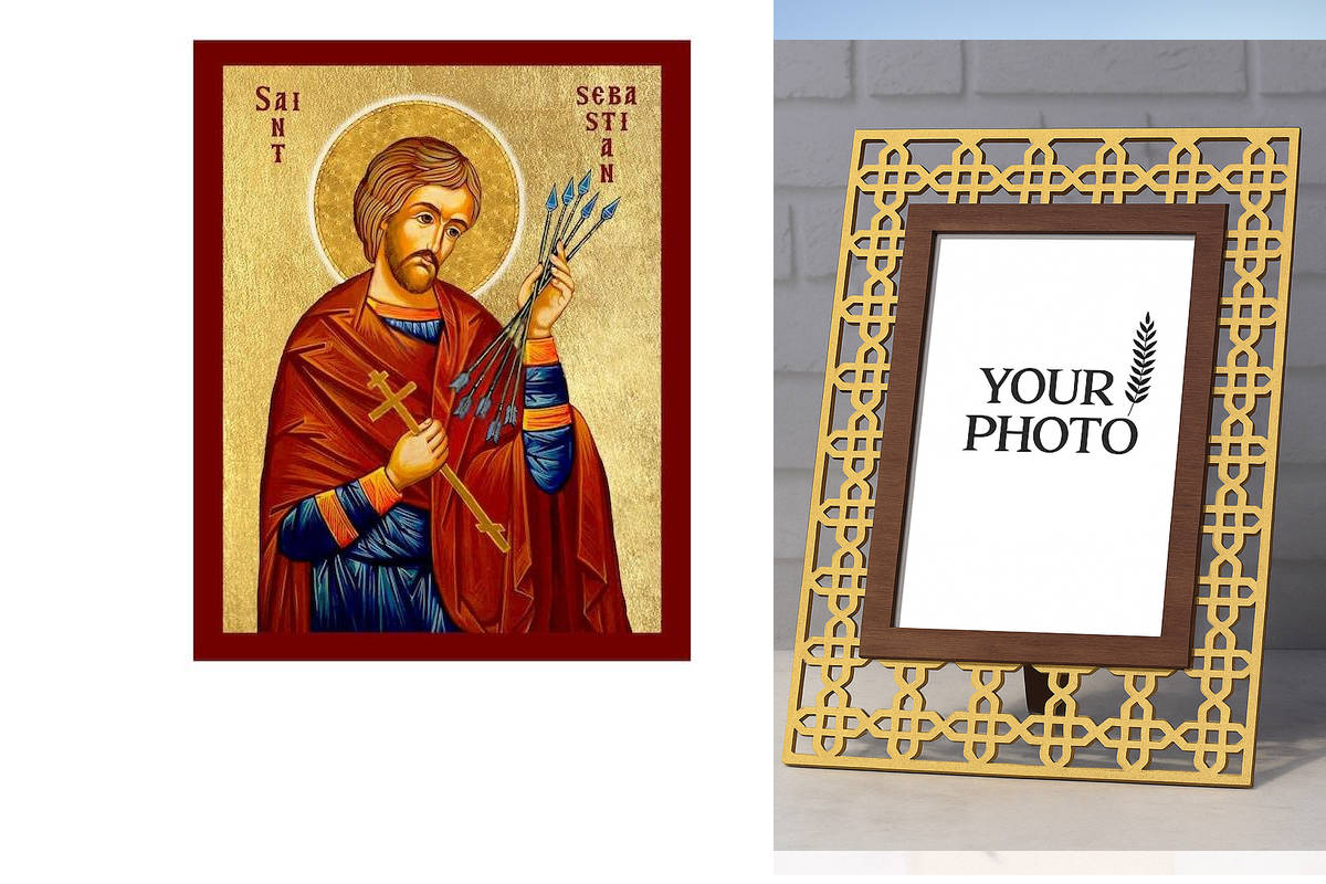 Σετ 2 τεμαχίων – Εικόνα Ορθοδοξίας Πολυτελείας  με  σχεδιο Σταυρούς μαζι με  Βάση σε  8 χρώματα με περίγραμμα χρυσό σε ξύλο Plywood (Πλακάζ)   με  βάση Εικόνα Αγίου Σεβαστιανού της Ρώμης, Χειροποίητη Καθολική Εικόνα Αγίου Σεβαστιανού της Ρώμης, Κρεμαστή π