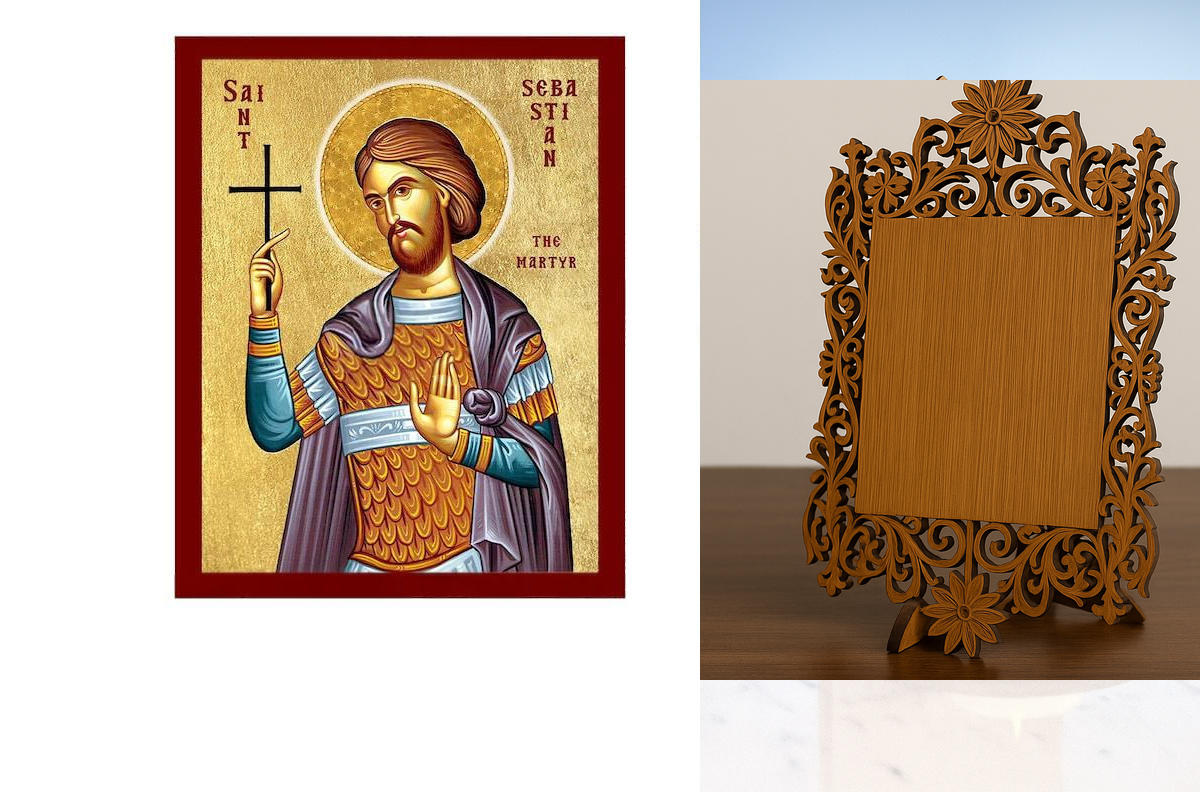 Εικόνα Ορθοδοξίας Δαντέλα μαζι με  Βάση σε  8 χρώματα με περίγραμμα χρυσό σε ξύλο Plywood (Πλακάζ)   με  βάση Εικόνα Αγίου Σεβαστιανού του Μάρτυρα, Χειροποίητη Καθολική Εικόνα του Αγίου Σεβαστιανού, Κρεμαστή πλάκα Βυζαντινής Τέχνης, Χριστιανική Θρησκευτικ