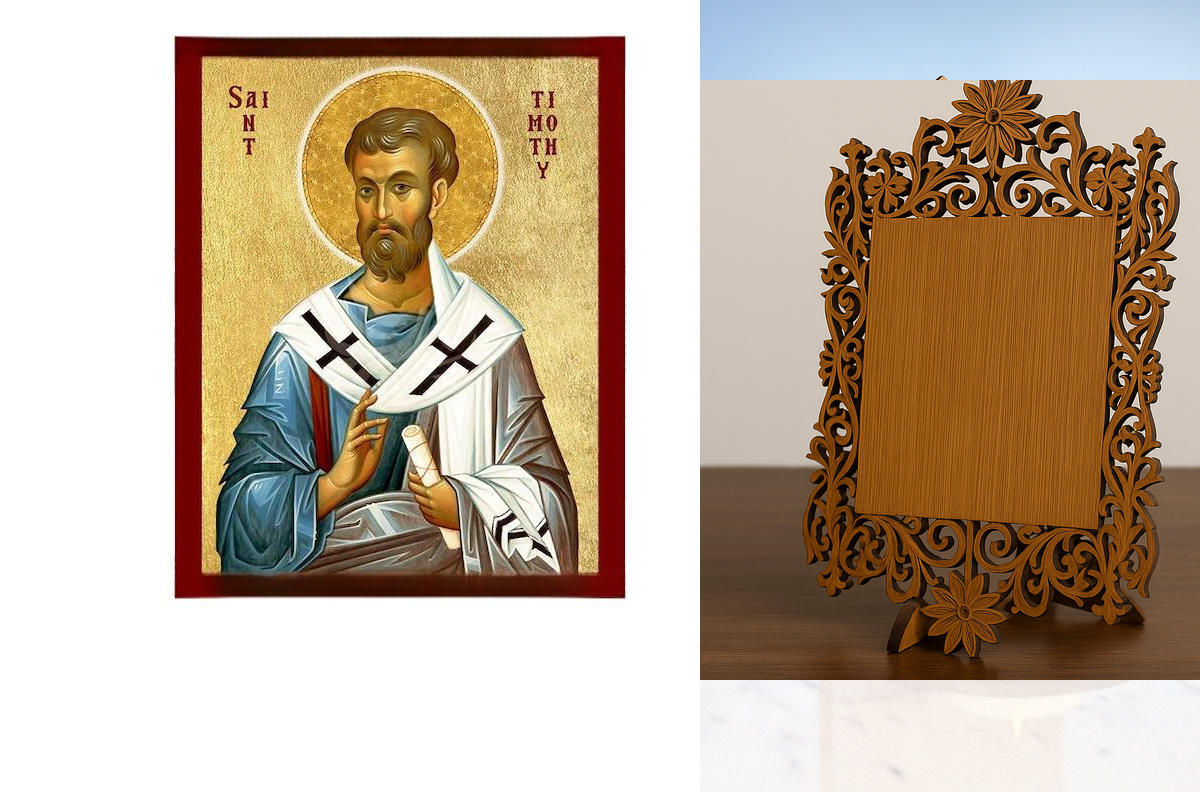 Εικόνα Ορθοδοξίας Δαντέλα μαζι με  Βάση σε  8 χρώματα με περίγραμμα χρυσό σε ξύλο Plywood (Πλακάζ)   με  βάση Εικόνα Αγίου Τιμόθεου, Χειροποίητη Καθολική Εικόνα του Αγίου Τιμόθεου, Πλακέτα Βυζαντινής Τέχνης, Χριστιανική Θρησκευτική Τέχνη Διάσταση 45x35 cm