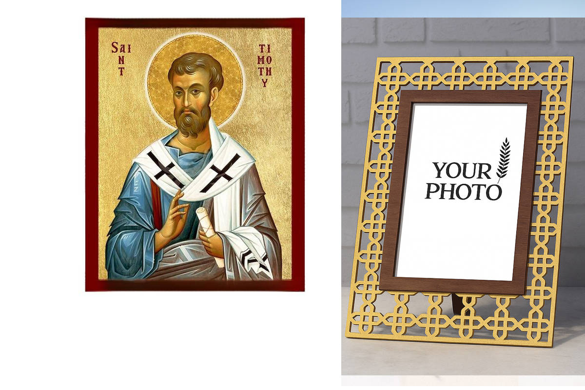 Σετ 2 τεμαχίων – Εικόνα Ορθοδοξίας Πολυτελείας  με  σχεδιο Σταυρούς μαζι με  Βάση σε  8 χρώματα με περίγραμμα χρυσό σε ξύλο Plywood (Πλακάζ)   με  βάση Εικόνα Αγίου Τιμόθεου, Χειροποίητη Καθολική Εικόνα του Αγίου Τιμόθεου, Πλακέτα Βυζαντινής Τέχνης, Χριστ