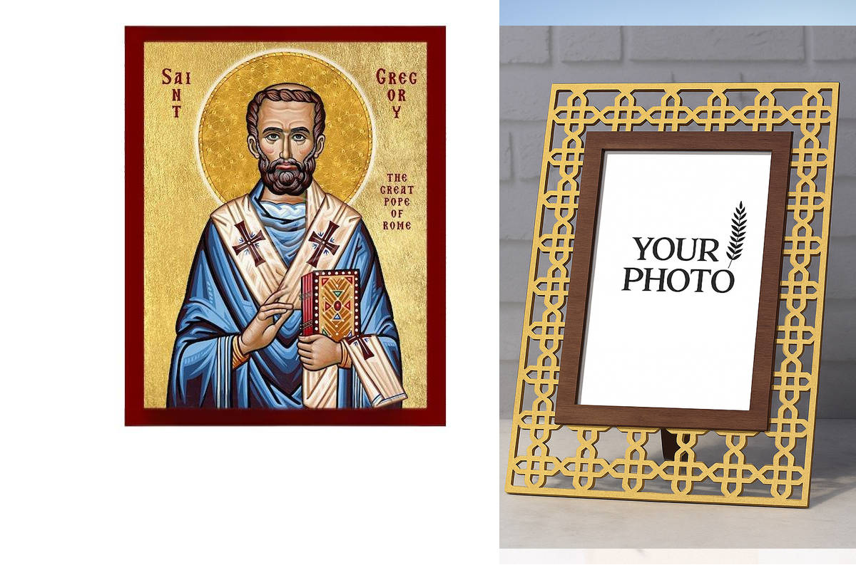 Εικόνα Ορθοδοξίας Πολυτελείας  με  σχεδιο Σταυρούς μαζι με  Βάση σε  8 χρώματα με περίγραμμα χρυσό σε ξύλο Plywood (Πλακάζ)   με  βάση Εικόνα Αγίου Γρηγορίου του Μεγάλου Πάπα της Ρώμης, Χειροποίητη ελληνική εικόνα του Αγίου Γρηγορίου Πάπα, επιτοίχια πλάκα