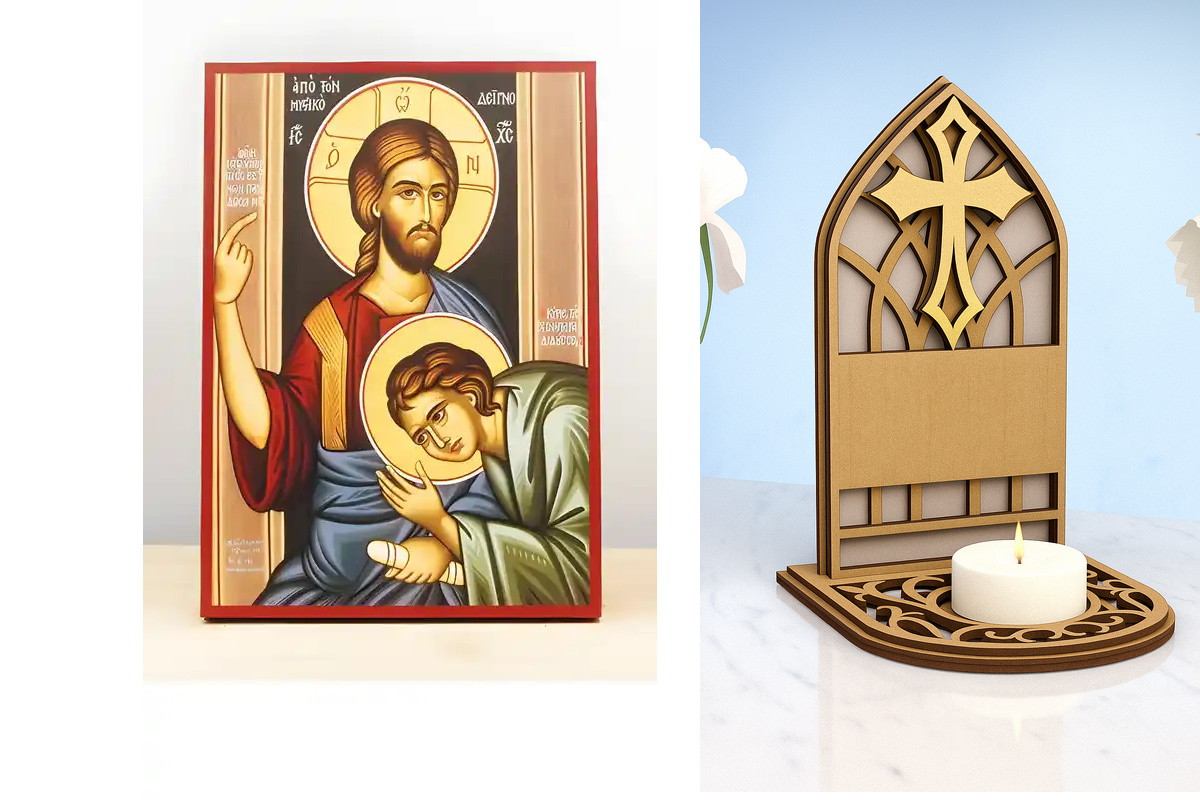 Εικόνα Ορθοδοξίας Καντηλάκι σε  8 χρώματα με περίγραμμα χρυσό σε ξύλο Plywood (Πλακάζ)   με  βάση Σκηνή του Ιησού Χριστού για τον Μυστικό Δείπνο, Ξύλινη Χειροποίητη Εικόνα Ελληνικού Premium Βυζαντινού Στυλ Κρεμασμένο σε ξύλινη πλάκα Θρησκευτικό θέμα Χειρο