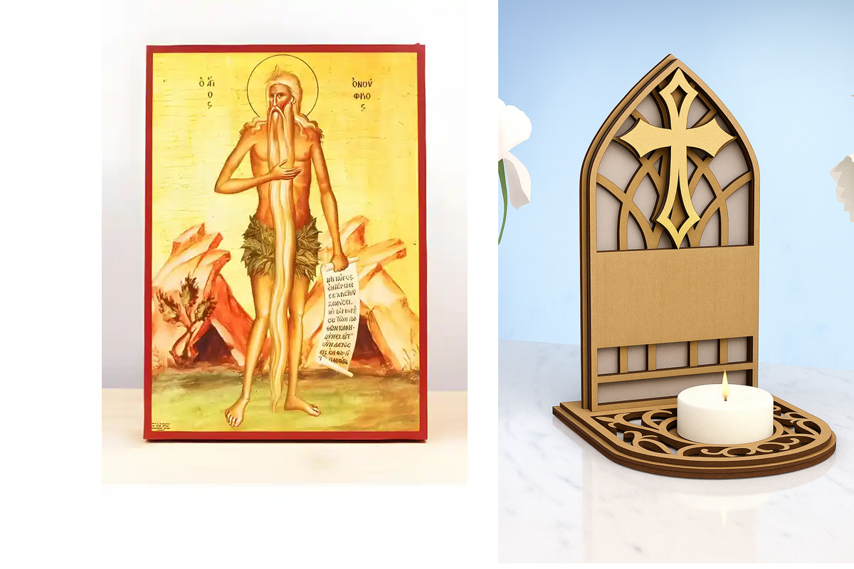 Εικόνα Ορθοδοξίας Καντηλάκι σε  8 χρώματα με περίγραμμα χρυσό σε ξύλο Plywood (Πλακάζ)   με  βάση Άγιος Ονούφριος ο Έρημος Πατέρας, Ξύλινη Χειροποίητη Εικόνα Ελληνικού Βυζαντινού Στυλ Κρεμασμένη σε ξύλινη πλάκα Χειροποίητη Ελληνορθόδοξη εικόνα του Ιησού Χ