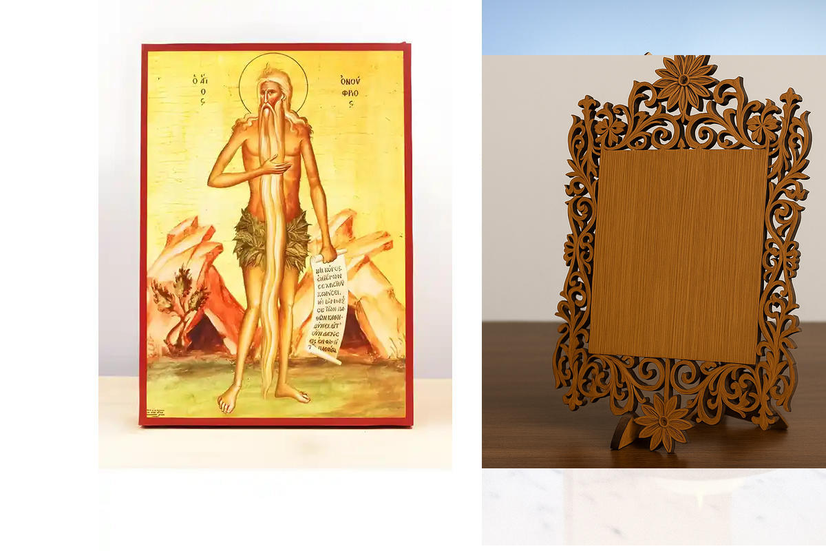 Εικόνα Ορθοδοξίας Δαντέλα μαζι με  Βάση σε  8 χρώματα με περίγραμμα χρυσό σε ξύλο Plywood (Πλακάζ)   με  βάση Άγιος Ονούφριος ο Έρημος Πατέρας, Ξύλινη Χειροποίητη Εικόνα Ελληνικού Βυζαντινού Στυλ Κρεμασμένη σε ξύλινη πλάκα Χειροποίητη Ελληνορθόδοξη εικόνα