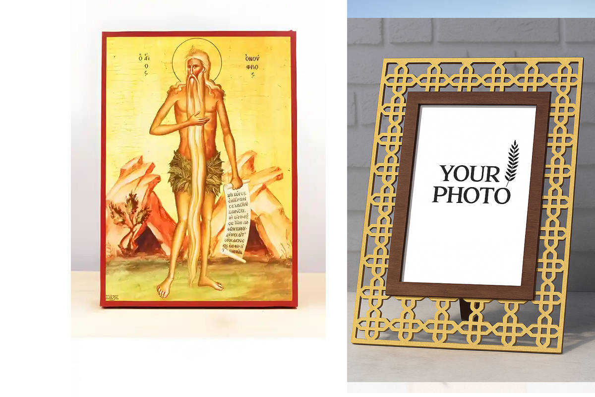 Εικόνα Ορθοδοξίας Πολυτελείας  με  σχεδιο Σταυρούς μαζι με  Βάση σε  8 χρώματα με περίγραμμα χρυσό σε ξύλο Plywood (Πλακάζ)   με  βάση Άγιος Ονούφριος ο Έρημος Πατέρας, Ξύλινη Χειροποίητη Εικόνα Ελληνικού Βυζαντινού Στυλ Κρεμασμένη σε ξύλινη πλάκα Χειροπο