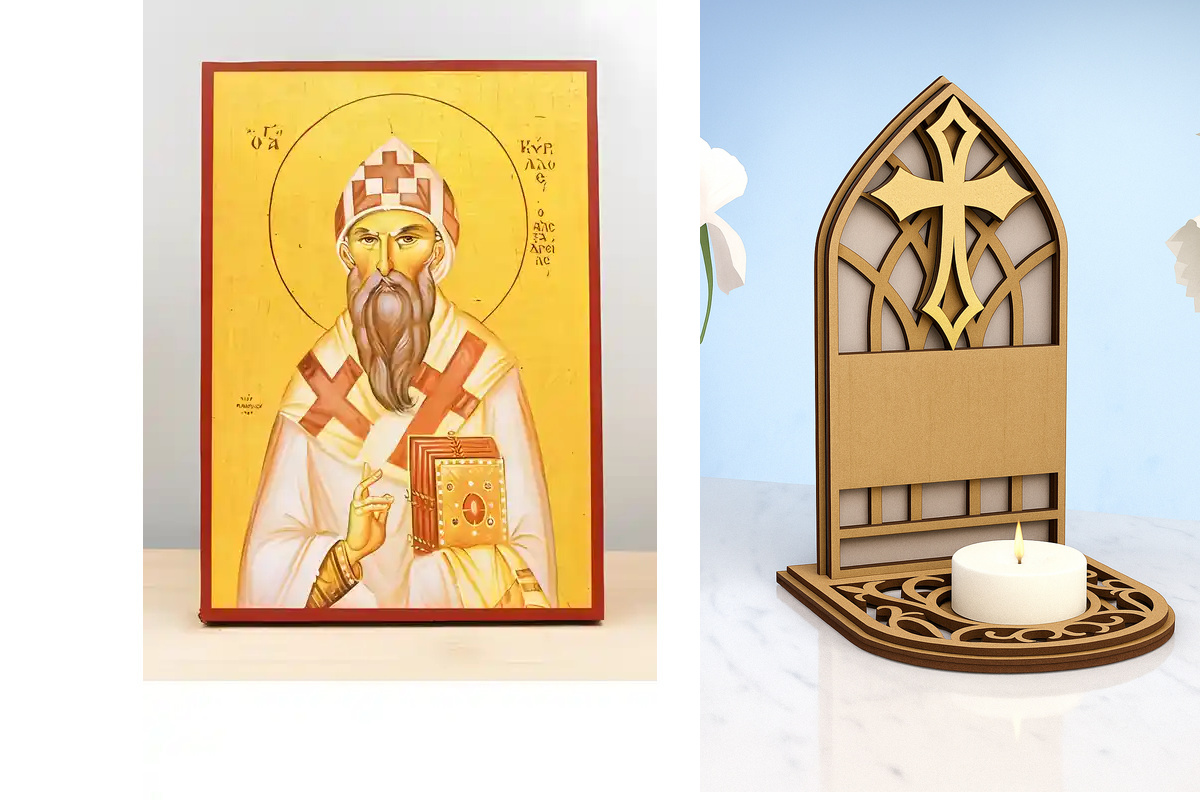 Εικόνα Ορθοδοξίας Καντηλάκι σε  8 χρώματα με περίγραμμα χρυσό σε ξύλο Plywood (Πλακάζ)   με  βάση Άγιος Κύριλλος Αλεξανδρείας, Ξύλινη Χειροποίητη Εικόνα Ελληνικού Premium Βυζαντινού Στυλ Κρεμασμένη σε ξύλινη πλάκα Χειροποίητη Ελληνορθόδοξη εικόνα του Ιησο