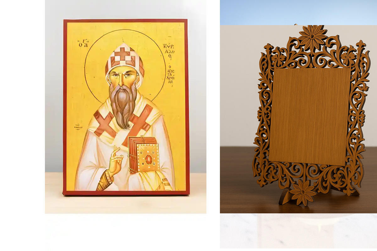 Σετ 2 τεμαχίων – Εικόνα Ορθοδοξίας Δαντέλα μαζι με  Βάση σε  8 χρώματα με περίγραμμα χρυσό σε ξύλο Plywood (Πλακάζ)   με  βάση Άγιος Κύριλλος Αλεξανδρείας, Ξύλινη Χειροποίητη Εικόνα Ελληνικού Premium Βυζαντινού Στυλ Κρεμασμένη σε ξύλινη πλάκα Χειροποίητη
