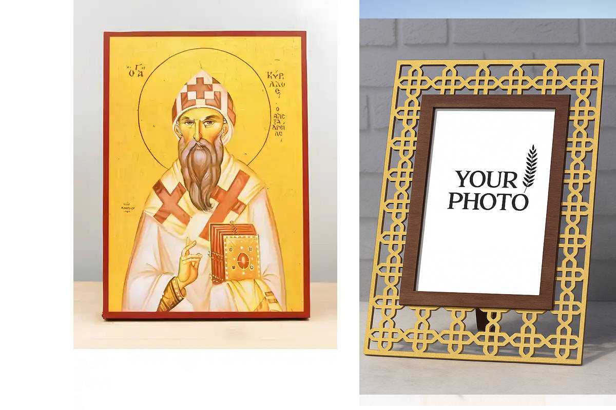 Εικόνα Ορθοδοξίας Πολυτελείας  με  σχεδιο Σταυρούς μαζι με  Βάση σε  8 χρώματα με περίγραμμα χρυσό σε ξύλο Plywood (Πλακάζ)   με  βάση Άγιος Κύριλλος Αλεξανδρείας, Ξύλινη Χειροποίητη Εικόνα Ελληνικού Premium Βυζαντινού Στυλ Κρεμασμένη σε ξύλινη πλάκα Χειρ