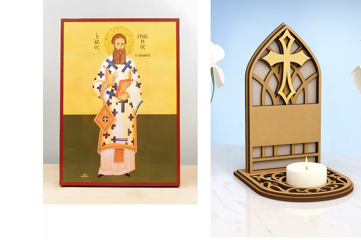 Σετ 2 τεμαχίων – Εικόνα Ορθοδοξίας Καντηλάκι σε  8 χρώματα με περίγραμμα χρυσό σε ξύλο Plywood (Πλακάζ)   με  βάση Άγιος Γρηγόριος Παλαμάς Αρχιεπίσκοπος Θεσσαλονίκης, Ξύλινη Χειροποίητη Εικόνα Ελληνικής Κορυφαίας Βυζαντινής Στυλ Κρεμασμένη σε ξύλινη πλάκα