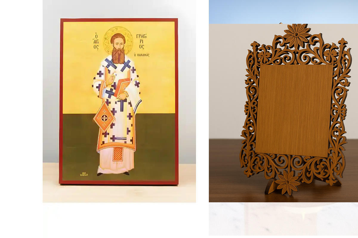 Σετ 2 τεμαχίων – Εικόνα Ορθοδοξίας Δαντέλα μαζι με  Βάση σε  8 χρώματα με περίγραμμα χρυσό σε ξύλο Plywood (Πλακάζ)   με  βάση Άγιος Γρηγόριος Παλαμάς Αρχιεπίσκοπος Θεσσαλονίκης, Ξύλινη Χειροποίητη Εικόνα Ελληνικής Κορυφαίας Βυζαντινής Στυλ Κρεμασμένη σε