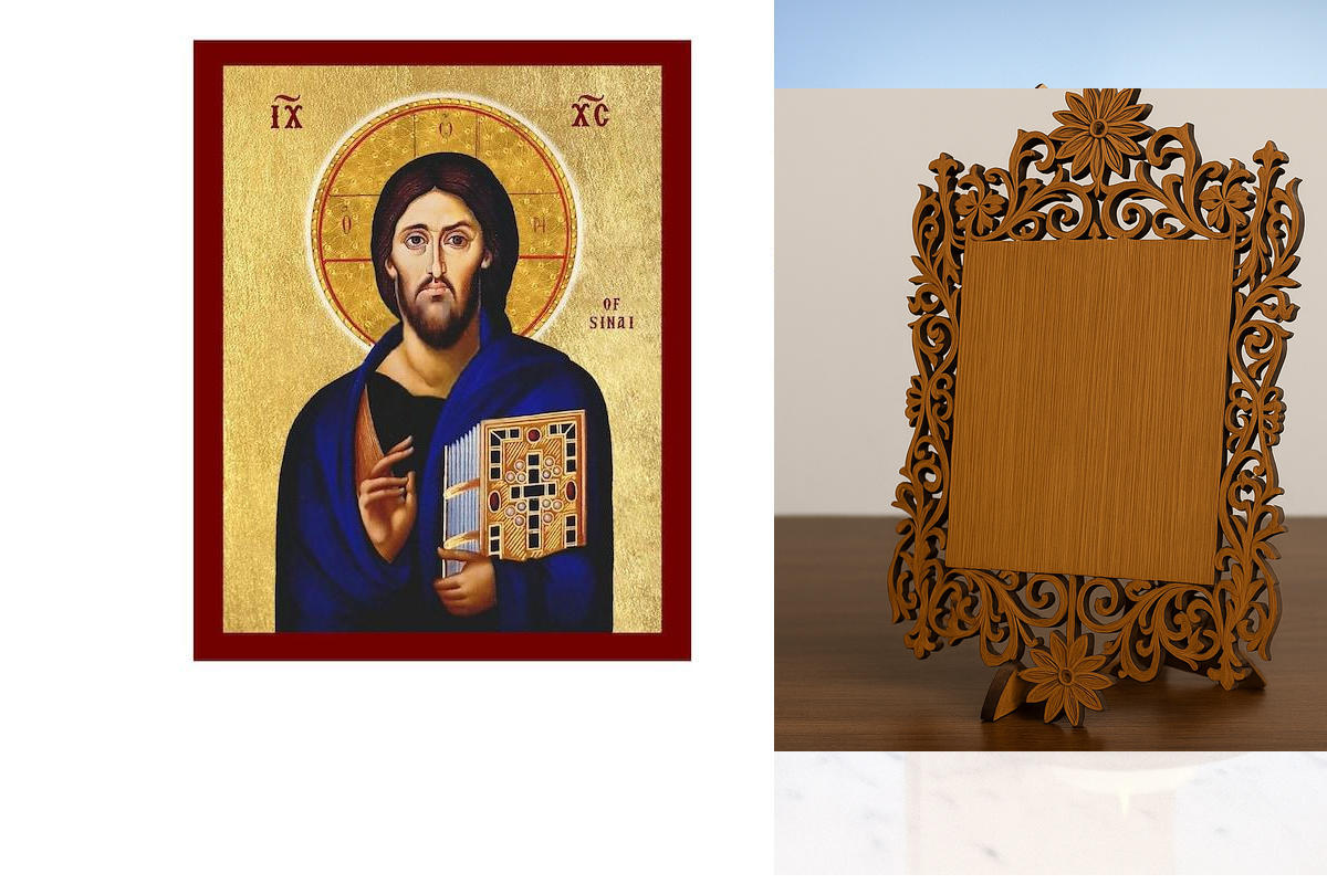 Εικόνα Ορθοδοξίας Δαντέλα μαζι με  Βάση σε  8 χρώματα με περίγραμμα χρυσό σε ξύλο Plywood (Πλακάζ)   με  βάση Χριστός του Σινά μπλε Έκδοση Εικόνα, Ζωντανή Βυζαντινή Ορθόδοξη Τέχνη τοίχου, Χειροποίητη Ελληνική Χριστιανική Εικόνα, Θρησκευτικό Δώρο Ιησού Παν