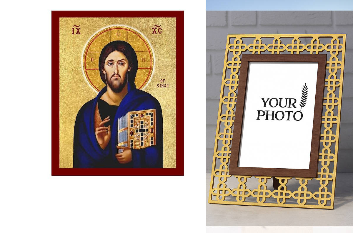 Εικόνα Ορθοδοξίας Πολυτελείας  με  σχεδιο Σταυρούς μαζι με  Βάση σε  8 χρώματα με περίγραμμα χρυσό σε ξύλο Plywood (Πλακάζ)   με  βάση Χριστός του Σινά μπλε Έκδοση Εικόνα, Ζωντανή Βυζαντινή Ορθόδοξη Τέχνη τοίχου, Χειροποίητη Ελληνική Χριστιανική Εικόνα, Θ