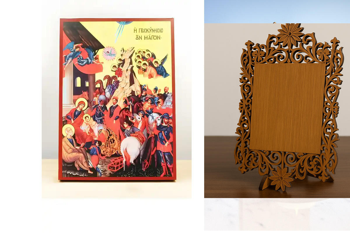 Εικόνα Ορθοδοξίας Δαντέλα μαζι με  Βάση σε  8 χρώματα με περίγραμμα χρυσό σε ξύλο Plywood (Πλακάζ)   με  βάση Ιησούς Χριστός Προσκύνηση των Μάγων με αγγέλους, Ξύλινη Χειροποίητη Εικόνα Ελληνικού Βυζαντινού Στυλ Κρεμασμένο σε ξύλινη πλάκα Χειροποίητη Ελλην