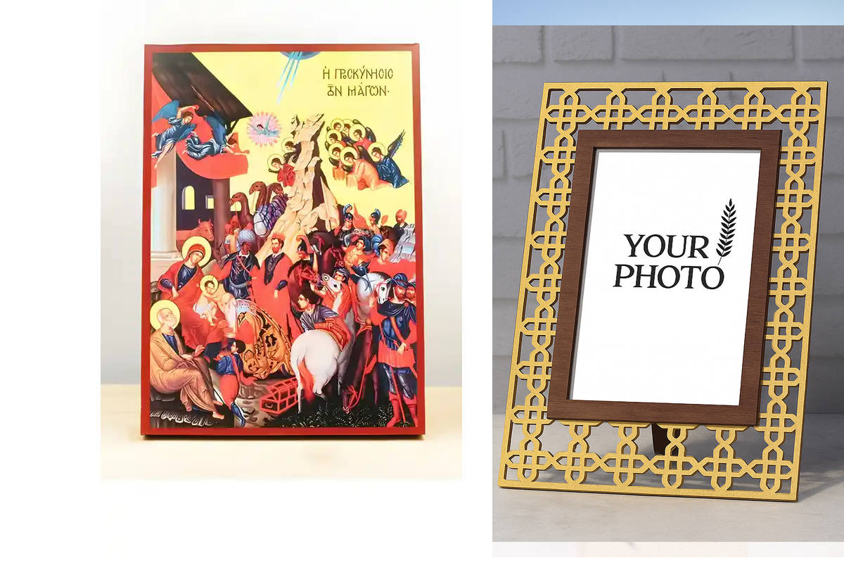 Εικόνα Ορθοδοξίας Πολυτελείας  με  σχεδιο Σταυρούς μαζι με  Βάση σε  8 χρώματα με περίγραμμα χρυσό σε ξύλο Plywood (Πλακάζ)   με  βάση Ιησούς Χριστός Προσκύνηση των Μάγων με αγγέλους, Ξύλινη Χειροποίητη Εικόνα Ελληνικού Βυζαντινού Στυλ Κρεμασμένο σε ξύλιν