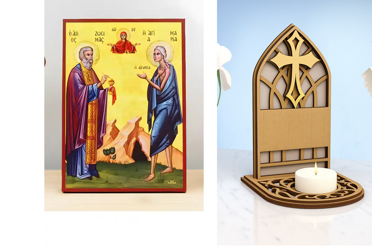 Εικόνα Ορθοδοξίας Καντηλάκι σε  8 χρώματα με περίγραμμα χρυσό σε ξύλο Plywood (Πλακάζ)   με  βάση Οι Άγιοι Ζωσιμάς και η Αγία Μαρία της Αιγύπτου με την Παναγία, Ξύλινη Χειροποίητη Εικόνα Ελληνικού Premium Βυζαντινού Στυλ Κρεμασμένη σε Ξυλόπλακα Χειροποίητ