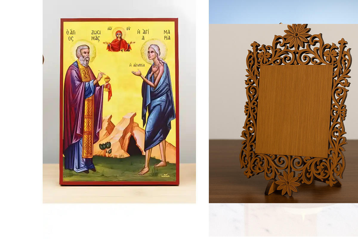Σετ 2 τεμαχίων – Εικόνα Ορθοδοξίας Δαντέλα μαζι με  Βάση σε  8 χρώματα με περίγραμμα χρυσό σε ξύλο Plywood (Πλακάζ)   με  βάση Οι Άγιοι Ζωσιμάς και η Αγία Μαρία της Αιγύπτου με την Παναγία, Ξύλινη Χειροποίητη Εικόνα Ελληνικού Premium Βυζαντινού Στυλ Κρεμα