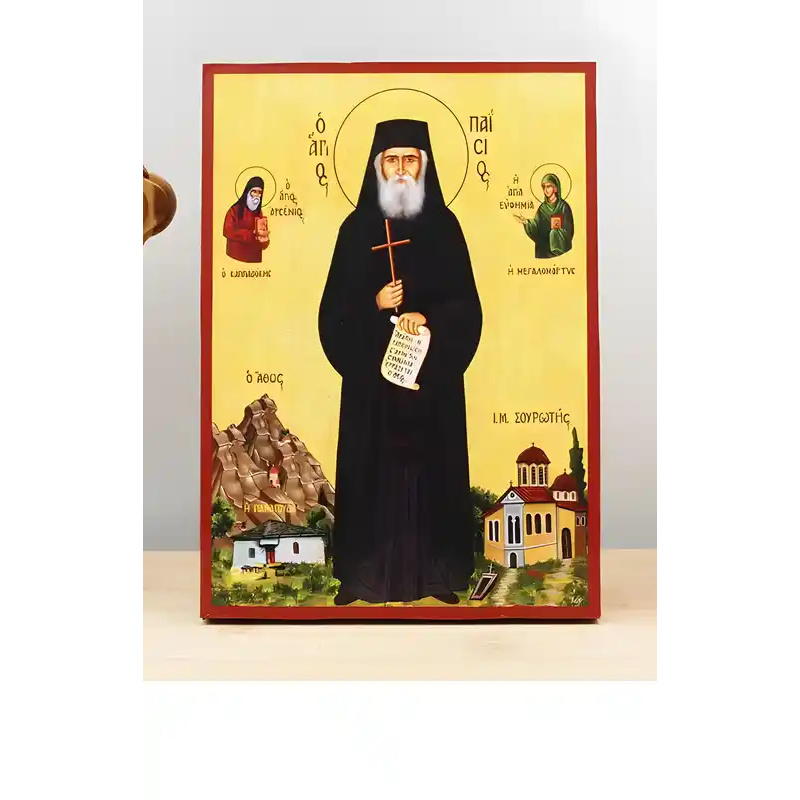 Σετ των 2 Εικόνα Ορθοδοξίας με περίγραμμα χρυσό σε ξύλο Φλαμουρίας  με  βάση Άγιος Παΐσιος ο Αθωνίτης, Ξύλινη Χειροποίητη Εικόνα Ελληνικής Premium Βυζαντινού Στυλ Κρεμαστή σε ξύλινη πλάκα Θρησκευτικό θέμα Χειροποίητη Ελληνορθόδοξη εικόνα του Ιησού Χριστού