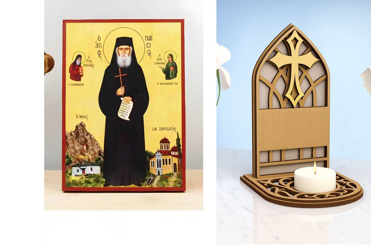 Εικόνα Ορθοδοξίας Καντηλάκι σε  8 χρώματα με περίγραμμα χρυσό σε ξύλο Plywood (Πλακάζ)   με  βάση Άγιος Παΐσιος ο Αθωνίτης, Ξύλινη Χειροποίητη Εικόνα Ελληνικής Premium Βυζαντινού Στυλ Κρεμαστή σε ξύλινη πλάκα Θρησκευτικό θέμα Χειροποίητη Ελληνορθόδοξη εικ