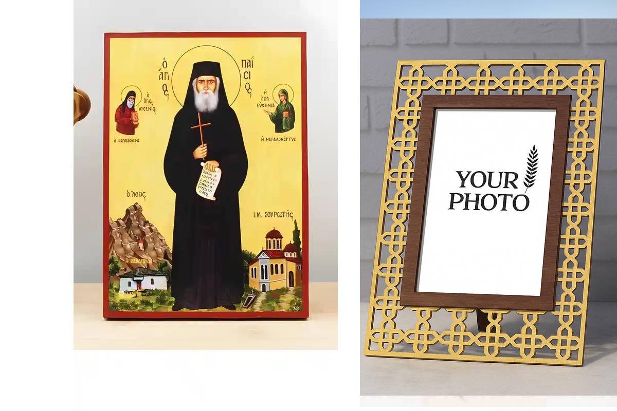 Εικόνα Ορθοδοξίας Πολυτελείας  με  σχεδιο Σταυρούς μαζι με  Βάση σε  8 χρώματα με περίγραμμα χρυσό σε ξύλο Plywood (Πλακάζ)   με  βάση Άγιος Παΐσιος ο Αθωνίτης, Ξύλινη Χειροποίητη Εικόνα Ελληνικής Premium Βυζαντινού Στυλ Κρεμαστή σε ξύλινη πλάκα Θρησκευτι