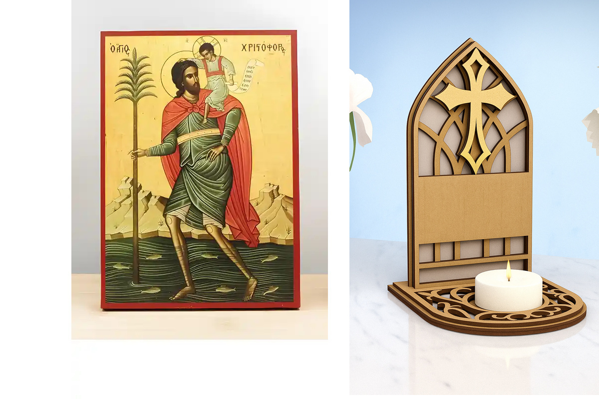 Εικόνα Ορθοδοξίας Καντηλάκι σε  8 χρώματα με περίγραμμα χρυσό σε ξύλο Plywood (Πλακάζ)   με  βάση Άγιος Χριστόφορος με τον Ιησού Χριστό, Ξύλινη Χειροποίητη Εικόνα Ελληνικού Premium Βυζαντινού Στυλ Κρεμασμένο σε ξύλινη πλάκα Θρησκευτικό θέμα Χειροποίητη Ελ