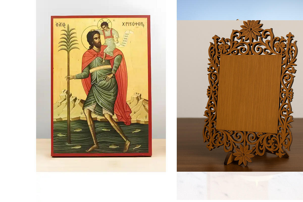 Σετ 2 τεμαχίων – Εικόνα Ορθοδοξίας Δαντέλα μαζι με  Βάση σε  8 χρώματα με περίγραμμα χρυσό σε ξύλο Plywood (Πλακάζ)   με  βάση Άγιος Χριστόφορος με τον Ιησού Χριστό, Ξύλινη Χειροποίητη Εικόνα Ελληνικού Premium Βυζαντινού Στυλ Κρεμασμένο σε ξύλινη πλάκα Θρ