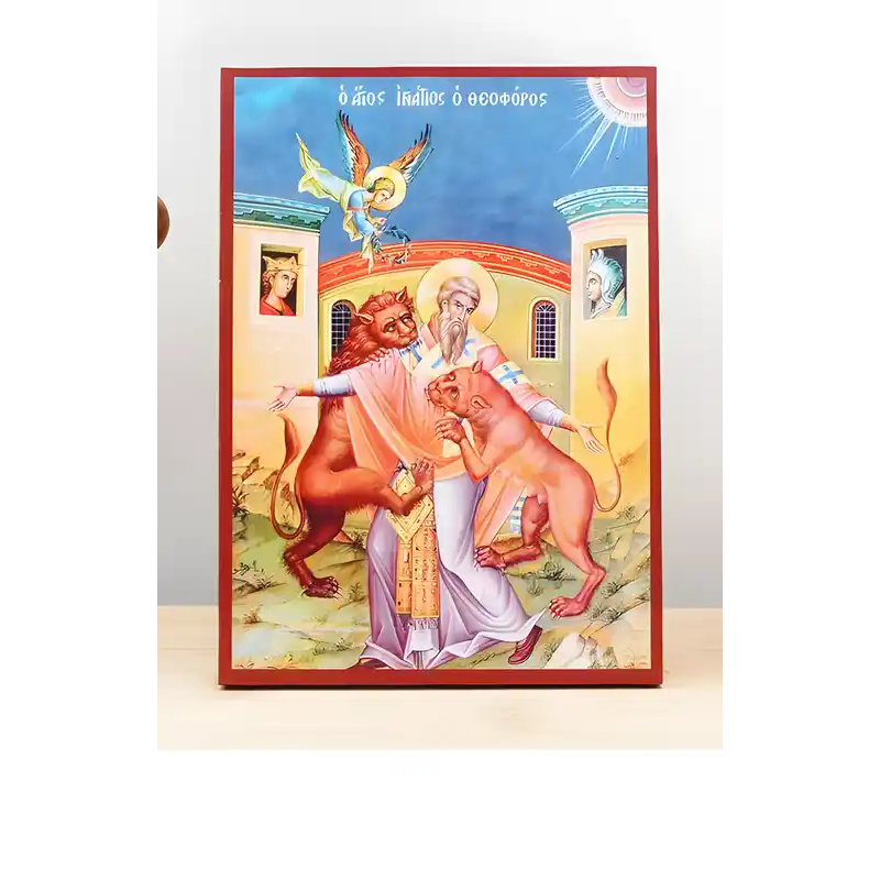 Σετ των 2 Εικόνα Ορθοδοξίας με περίγραμμα χρυσό σε ξύλο Φλαμουρίας  με  βάση Το μαρτύριο του Αγίου Ιγνατίου Αντιοχείας, Ξύλινη Χειροποίητη Εικόνα Ελληνικής Premium Βυζαντινής Στυλ Κρεμαστή σε ξύλινη πλάκα Θρησκευτικό θέμα Χειροποίητη Ελληνορθόδοξη εικόνα