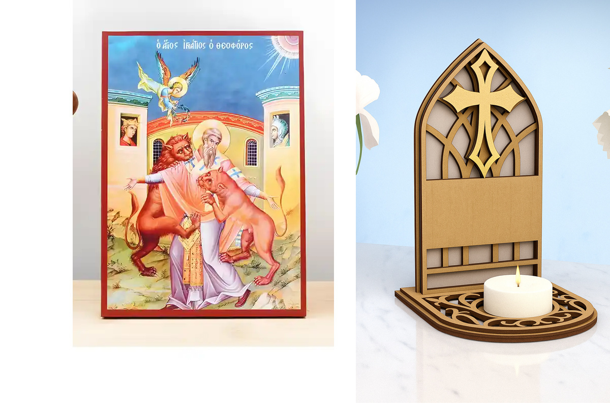 Εικόνα Ορθοδοξίας Καντηλάκι σε  8 χρώματα με περίγραμμα χρυσό σε ξύλο Plywood (Πλακάζ)   με  βάση Το μαρτύριο του Αγίου Ιγνατίου Αντιοχείας, Ξύλινη Χειροποίητη Εικόνα Ελληνικής Premium Βυζαντινής Στυλ Κρεμαστή σε ξύλινη πλάκα Θρησκευτικό θέμα Χειροποίητη