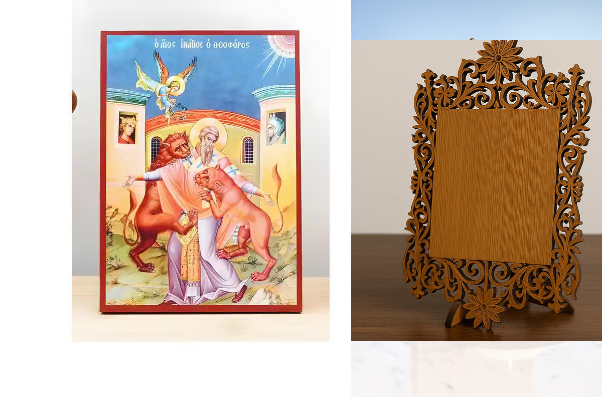 Σετ 2 τεμαχίων – Εικόνα Ορθοδοξίας Δαντέλα μαζι με  Βάση σε  8 χρώματα με περίγραμμα χρυσό σε ξύλο Plywood (Πλακάζ)   με  βάση Το μαρτύριο του Αγίου Ιγνατίου Αντιοχείας, Ξύλινη Χειροποίητη Εικόνα Ελληνικής Premium Βυζαντινής Στυλ Κρεμαστή σε ξύλινη πλάκα