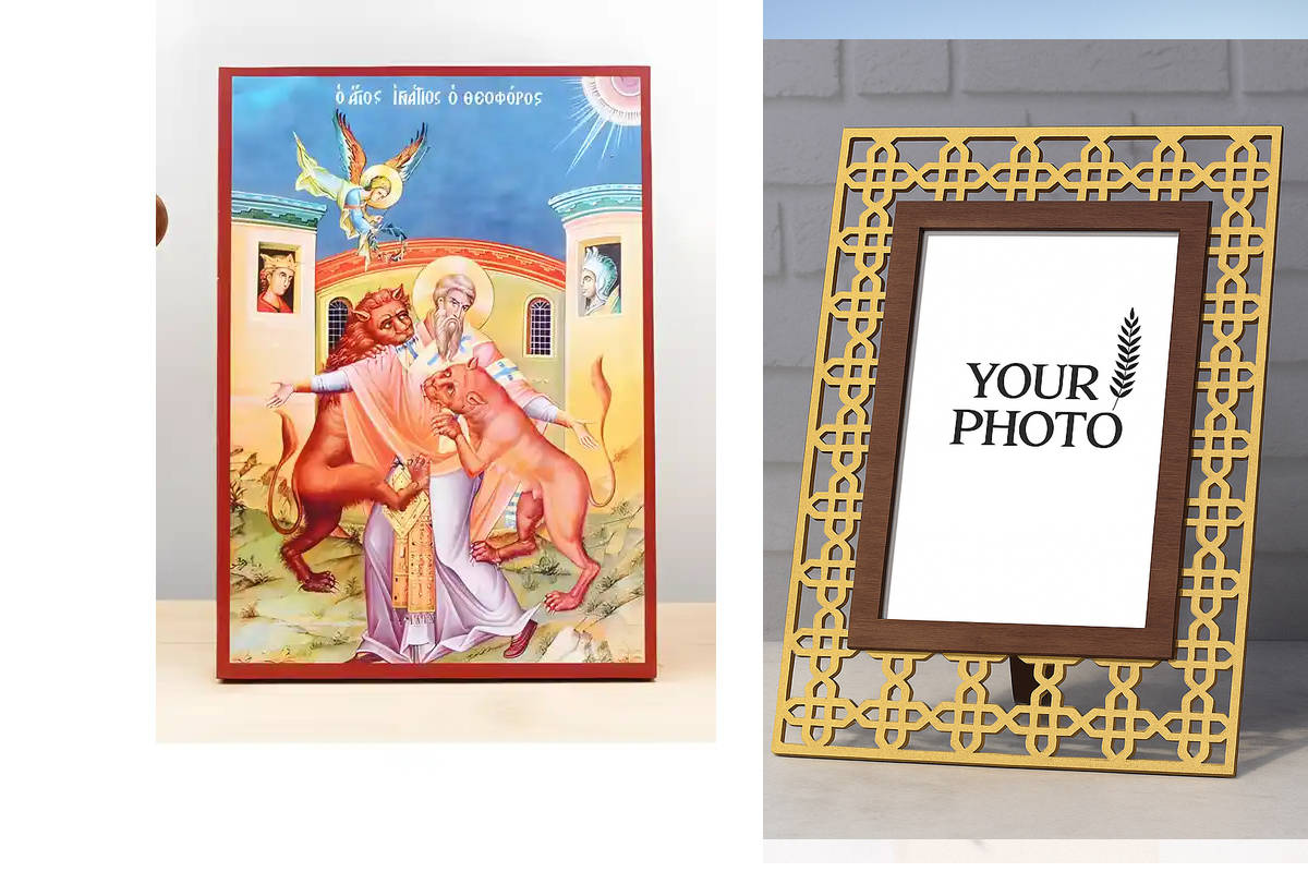 Εικόνα Ορθοδοξίας Πολυτελείας  με  σχεδιο Σταυρούς μαζι με  Βάση σε  8 χρώματα με περίγραμμα χρυσό σε ξύλο Plywood (Πλακάζ)   με  βάση Το μαρτύριο του Αγίου Ιγνατίου Αντιοχείας, Ξύλινη Χειροποίητη Εικόνα Ελληνικής Premium Βυζαντινής Στυλ Κρεμαστή σε ξύλιν