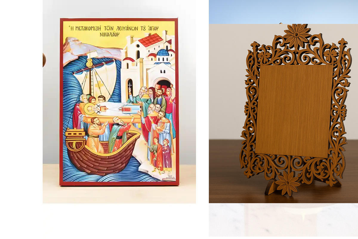 Σετ 2 τεμαχίων – Εικόνα Ορθοδοξίας Δαντέλα μαζι με  Βάση σε  8 χρώματα με περίγραμμα χρυσό σε ξύλο Plywood (Πλακάζ)   με  βάση Μετάφραση των λειψάνων του Αγίου Νικολάου του Θαυματουργού, Ξύλινη Χειροποίητη Εικόνα Ελληνική Premium Βυζαντινού Στυλ Κρεμαστό
