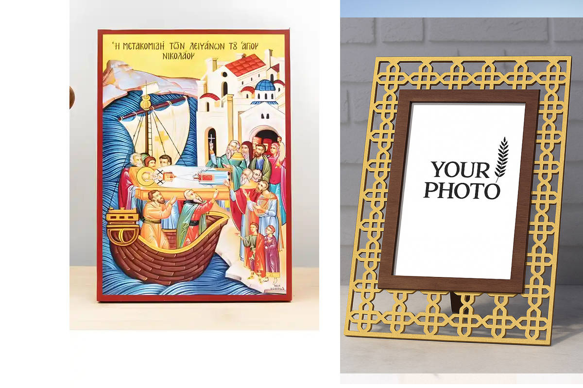 Εικόνα Ορθοδοξίας Πολυτελείας  με  σχεδιο Σταυρούς μαζι με  Βάση σε  8 χρώματα με περίγραμμα χρυσό σε ξύλο Plywood (Πλακάζ)   με  βάση Μετάφραση των λειψάνων του Αγίου Νικολάου του Θαυματουργού, Ξύλινη Χειροποίητη Εικόνα Ελληνική Premium Βυζαντινού Στυλ Κ