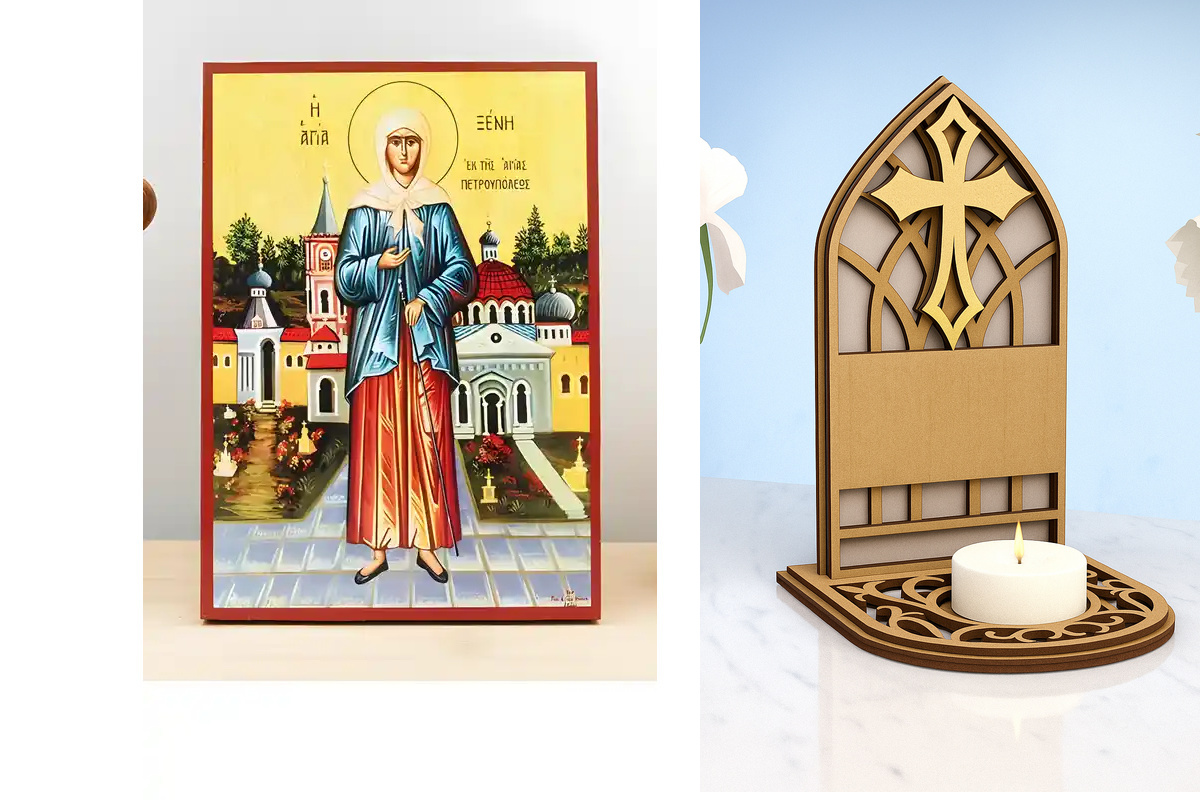 Εικόνα Ορθοδοξίας Καντηλάκι σε  8 χρώματα με περίγραμμα χρυσό σε ξύλο Plywood (Πλακάζ)   με  βάση Αγία Ξένια της Αγίας Πετρούπολης "ανόητη για τον Χριστό", Ξύλινη Χειροποίητη Εικόνα Ελληνικού Premium Βυζαντινού Στυλ τοίχου Κρεμασμένη σε Ξύλινη Πλάκα Θρησκ